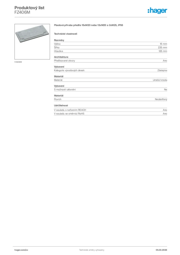 Obrázek Hager Product data sheet FZ406M | Hager