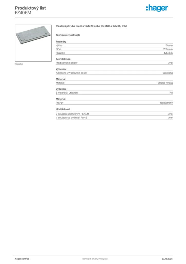 Obrázek Hager Produktový list FZ406M | Hager