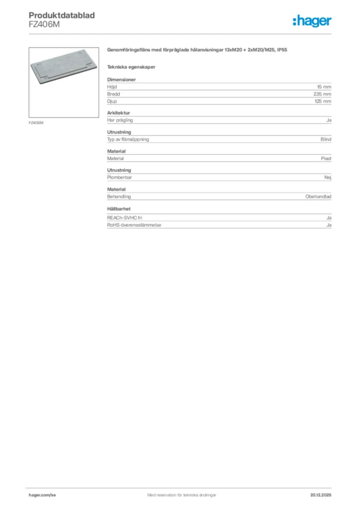 Bild Hager Produktdatablad FZ406M | Hager Sverige