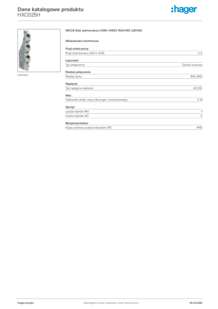 Zdjęcie Hager Karta katalogowa HXC025H | Hager Polska