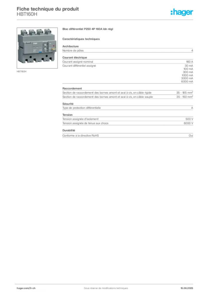 Image Hager Fiche technique du produit HBT160H | Hager Suisse