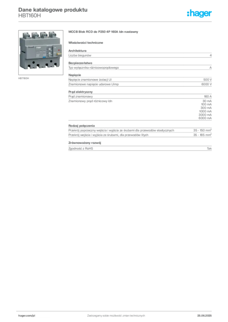 Zdjęcie Hager Karta katalogowa HBT160H | Hager Polska