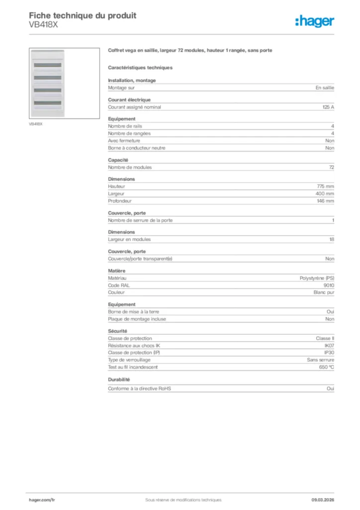 Image Hager Fiche technique du produit VB418X | Hager France