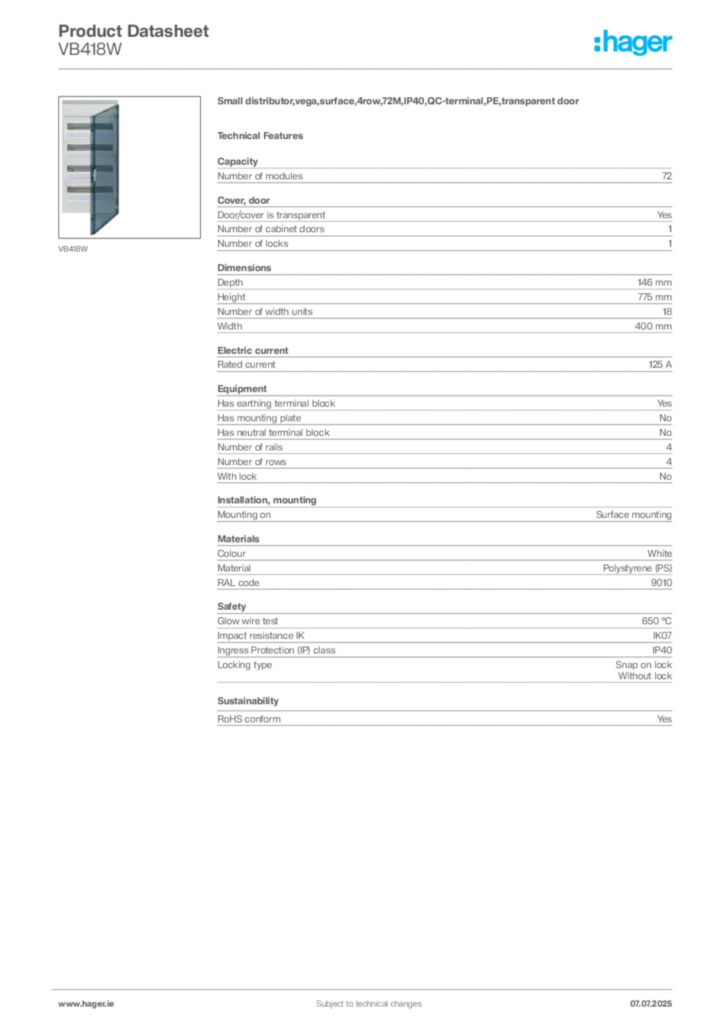 Image Hager Product data sheet VB418W  | Hager