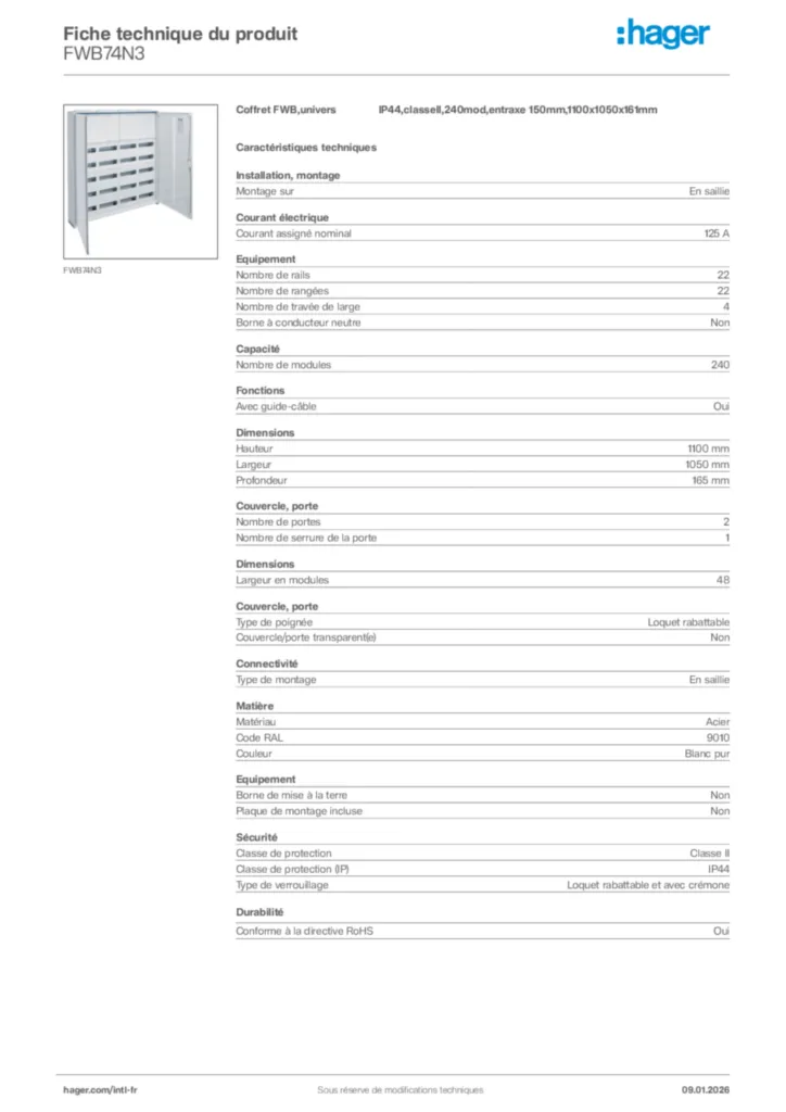 Image Hager Fiche technique du produit FWB74N3 | Hager Afrique