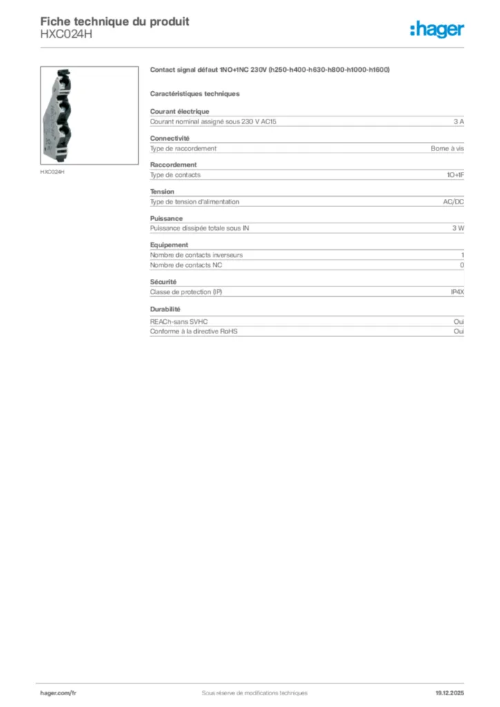 Image Hager Fiche technique du produit HXC024H | Hager France