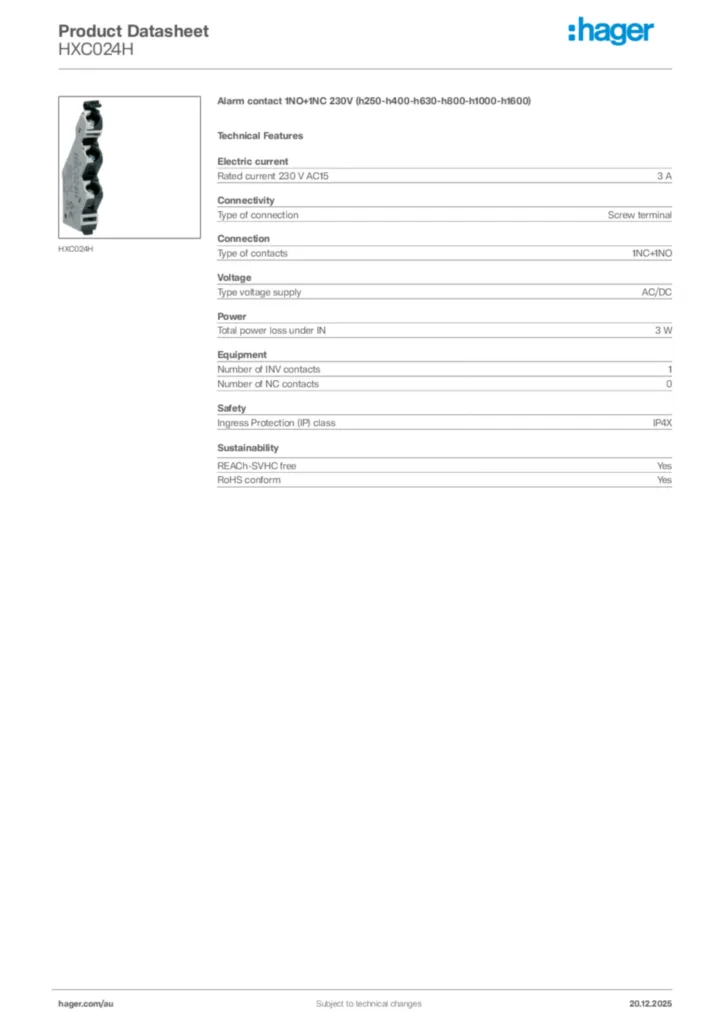 Image Hager Product data sheet HXC024H  | Hager Australia