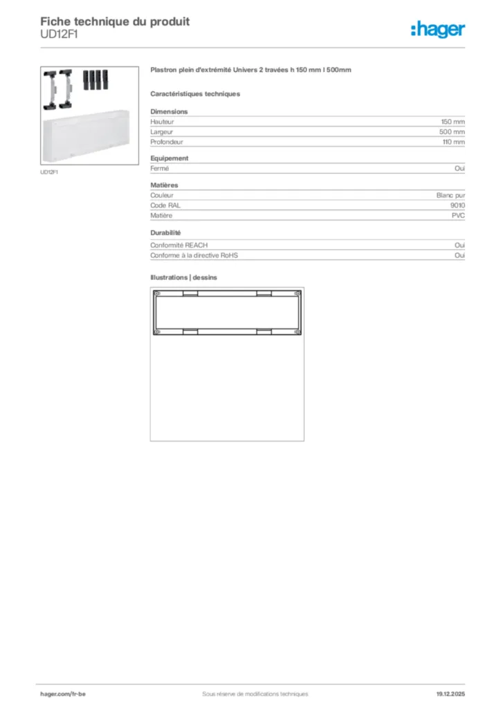 Image Hager Fiche technique du produit UD12F1 | Hager Belgique