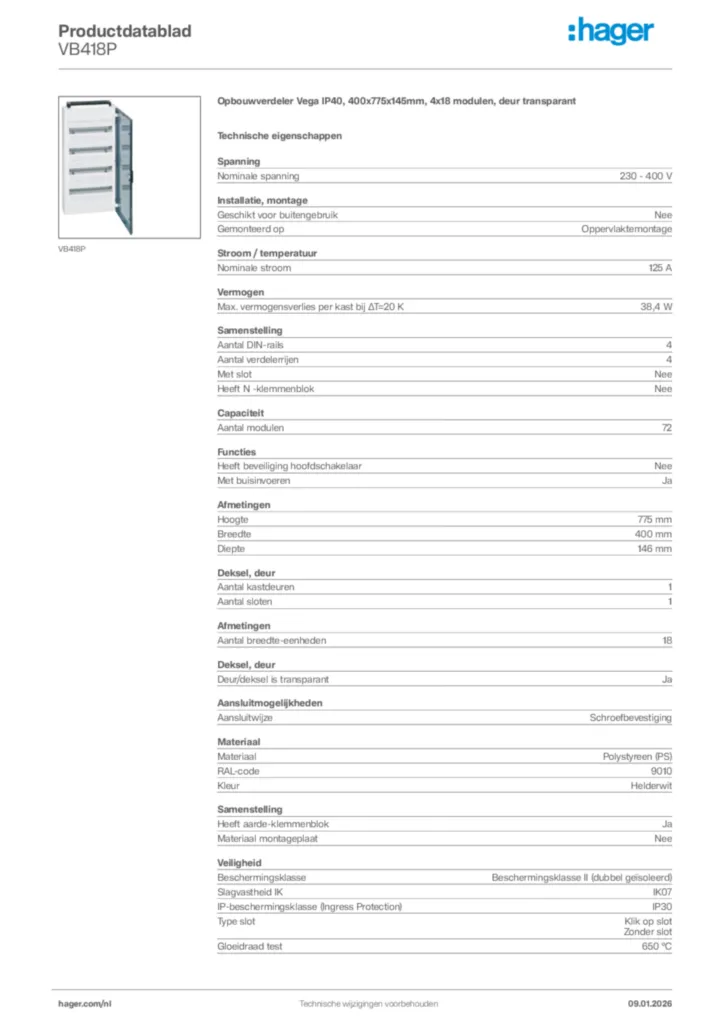 Afbeelding Hager Productdatablad VB418P | Hager Nederland