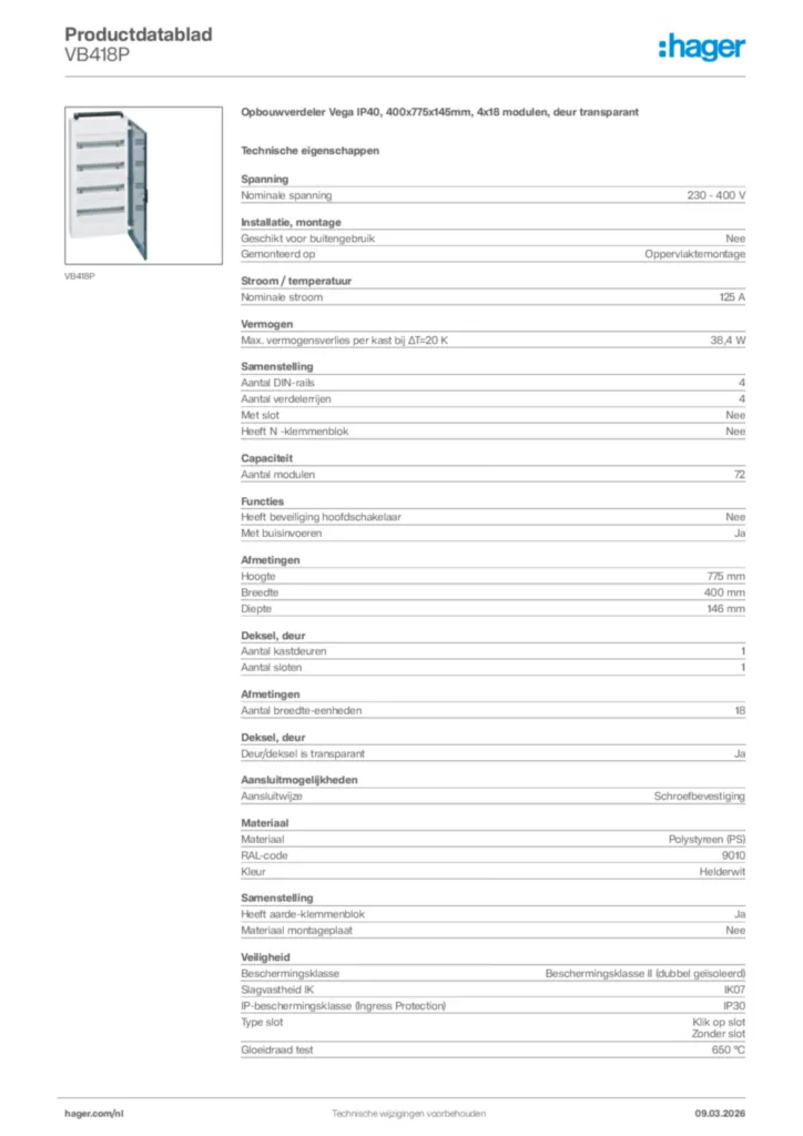 Afbeelding Hager Productdatablad VB418P | Hager Nederland