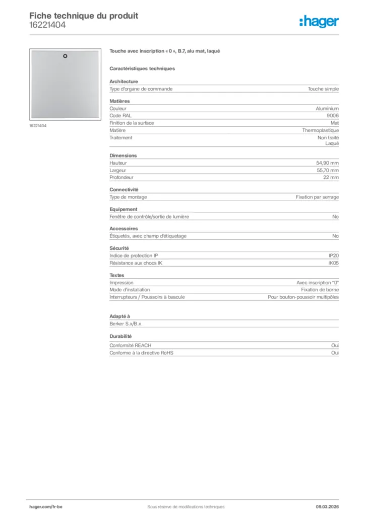 Image Hager Fiche technique du produit 16221404 | Hager Belgique