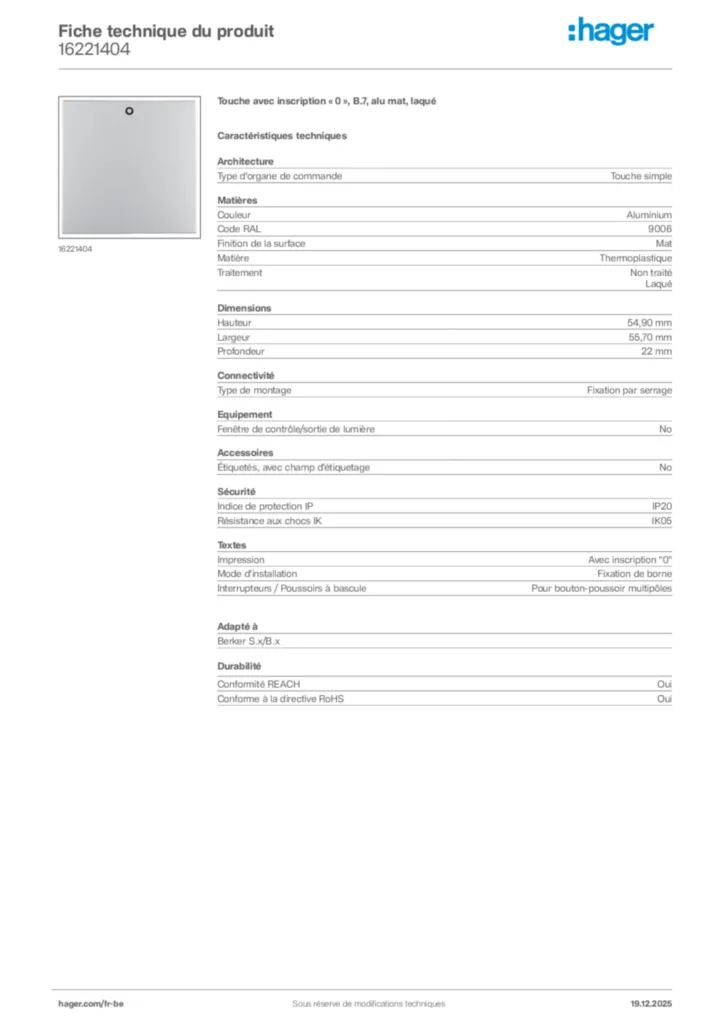 Image Hager Fiche technique du produit 16221404 | Hager Belgique