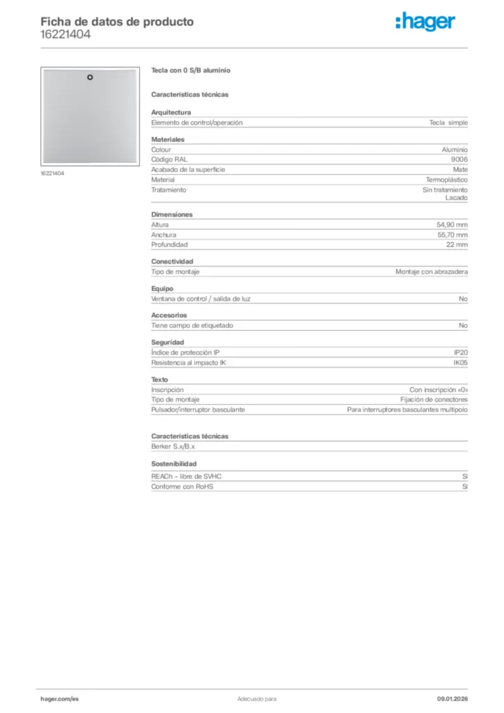 Imagen Hager Ficha de datos de producto 16221404 | Hager España