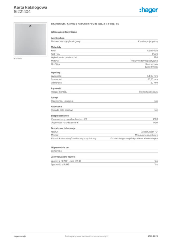 Zdjęcie Hager Karta katalogowa 16221404 | Hager Polska