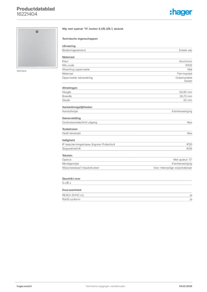 Afbeelding Hager Productdatablad 16221404 | Hager Nederland