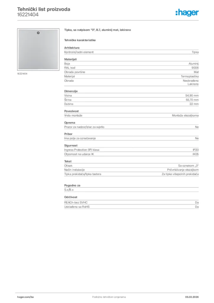 Slika Hager Tehnički list proizvoda 16221404  | Hager