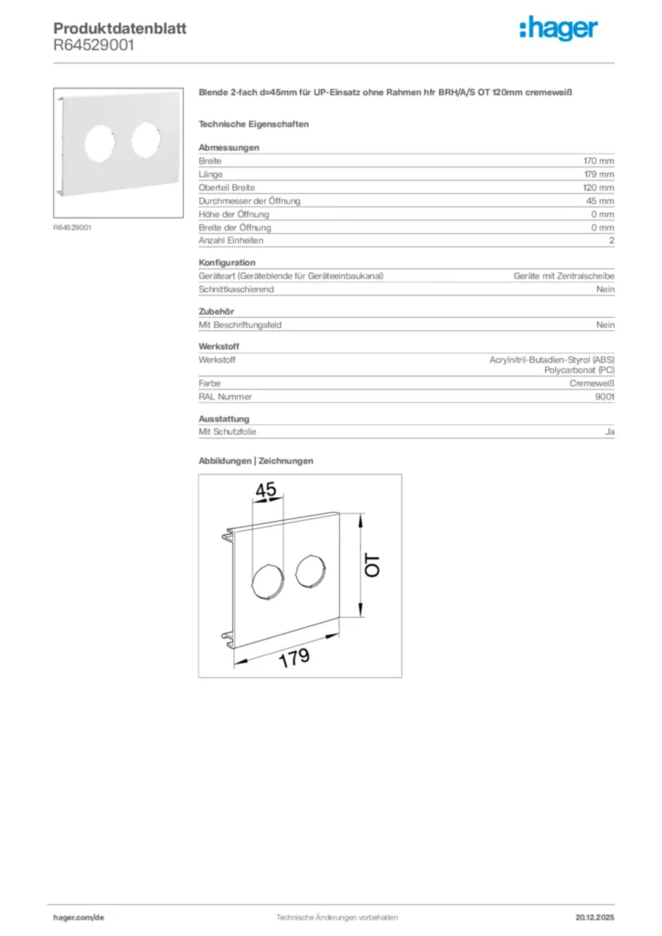 Bild Hager Produktdatenblatt R64529001 | Hager Deutschland