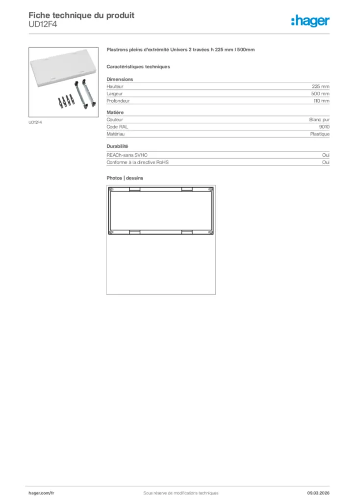 Image Hager Fiche technique du produit UD12F4 | Hager France