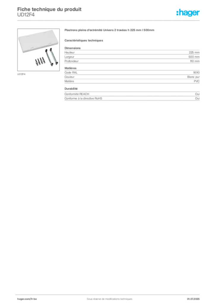 Image Hager Fiche technique du produit UD12F4 | Hager Belgique