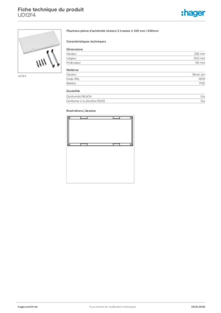 Image Hager Fiche technique du produit UD12F4 | Hager Belgique