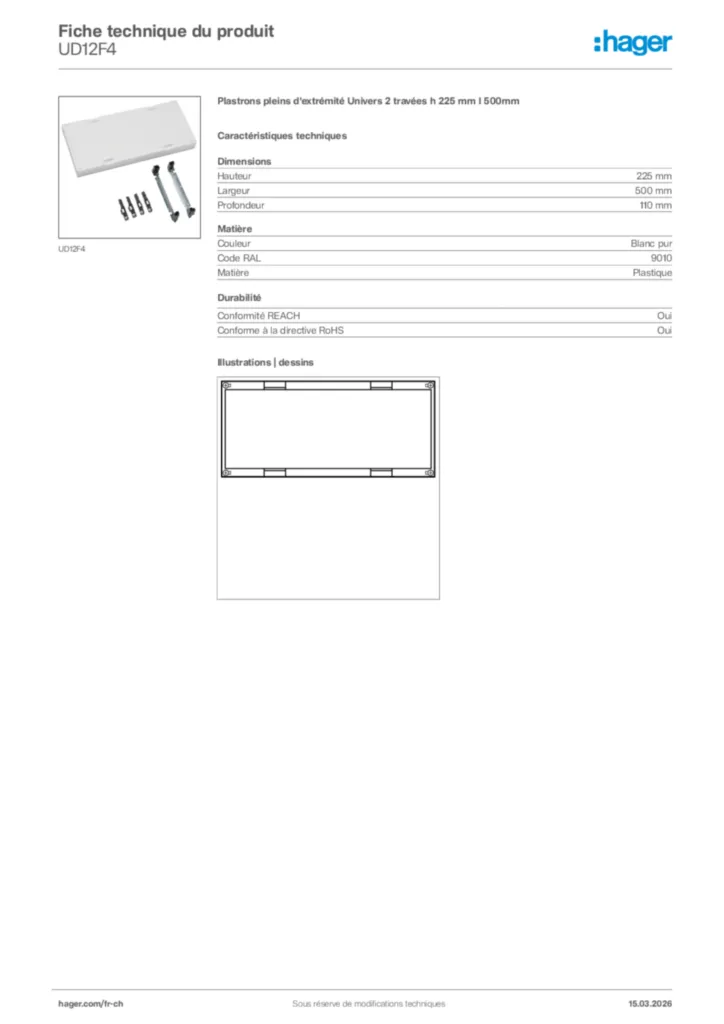 Image Hager Fiche technique du produit UD12F4 | Hager Suisse