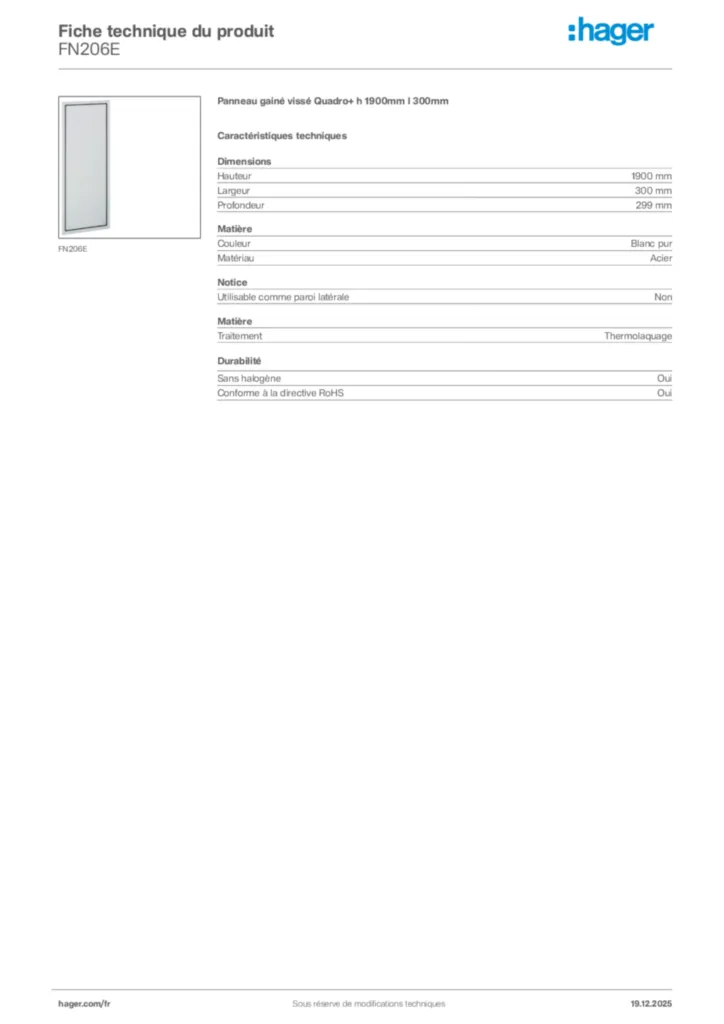 Image Hager Fiche technique du produit FN206E | Hager France