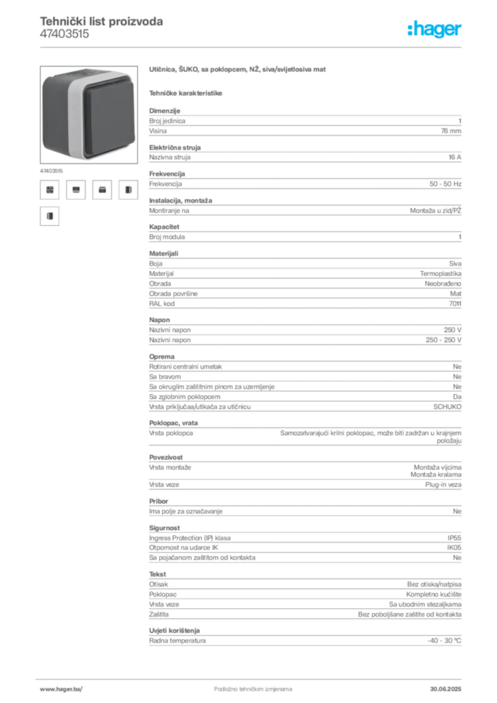 Slika Hager Product data sheet 47403515  | Hager
