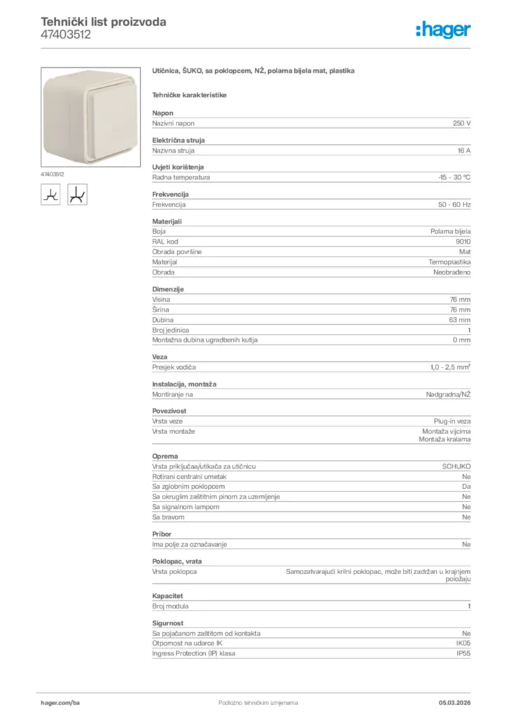 Slika Hager Tehnički list proizvoda 47403512  | Hager