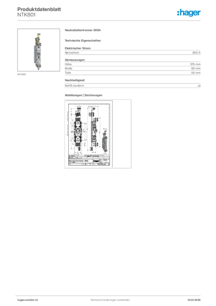 Bild Hager Produktdatenblatt NTK801 | Hager Schweiz