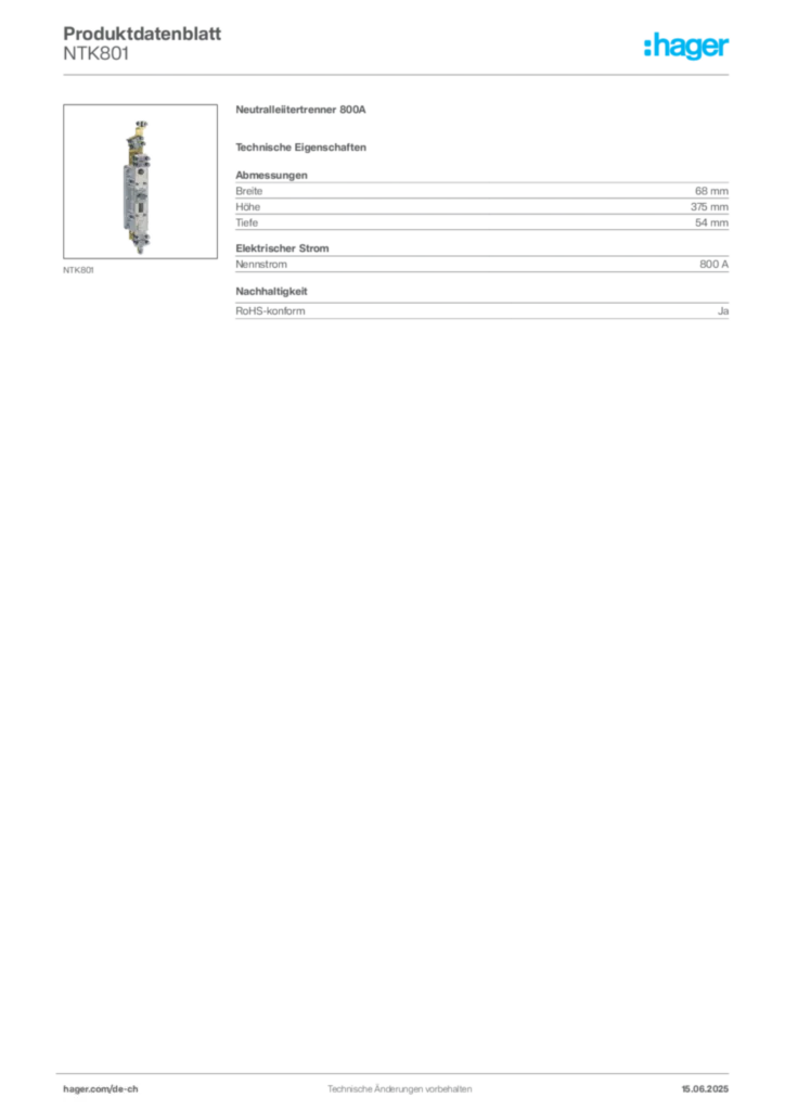 Bild Hager Produktdatenblatt NTK801 | Hager Schweiz