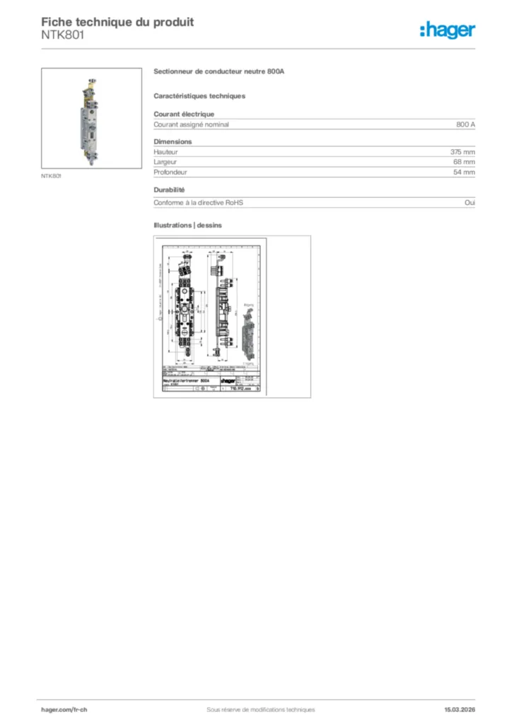 Image Hager Fiche technique du produit NTK801 | Hager Suisse