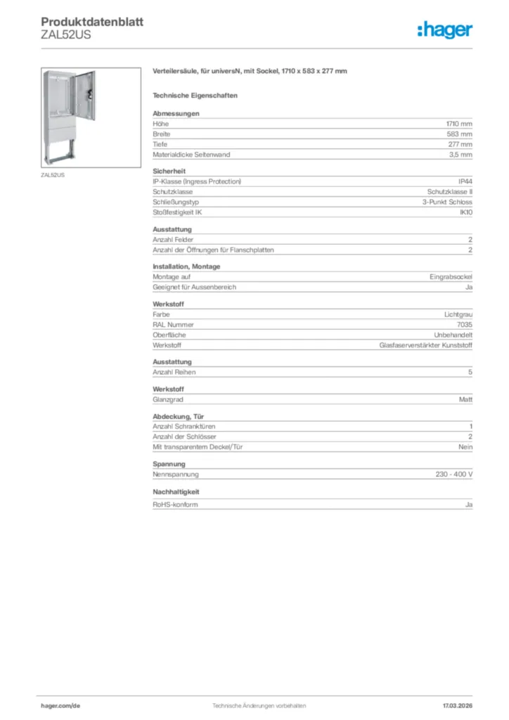 Bild Hager Produktdatenblatt ZAL52US | Hager Deutschland