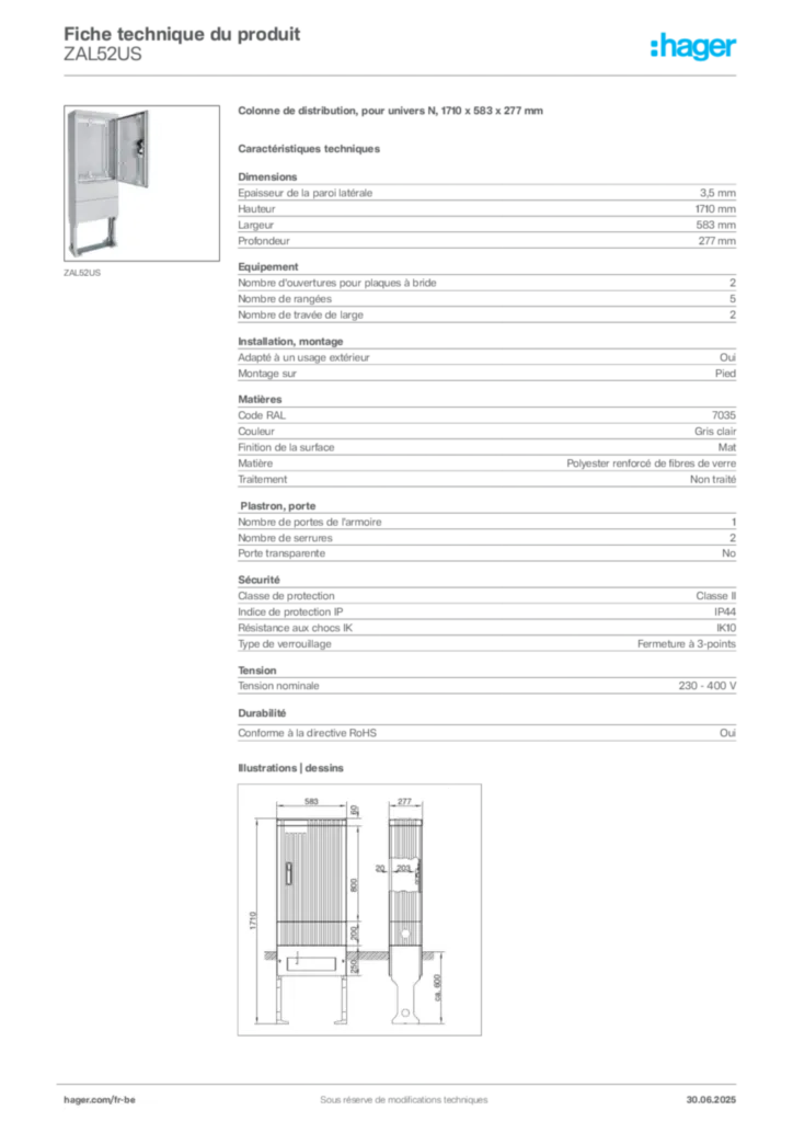 Image Hager Fiche technique du produit ZAL52US | Hager Belgique