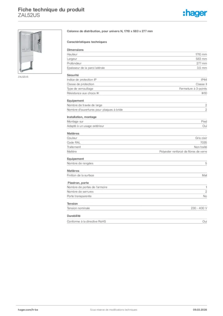 Image Hager Fiche technique du produit ZAL52US | Hager Belgique