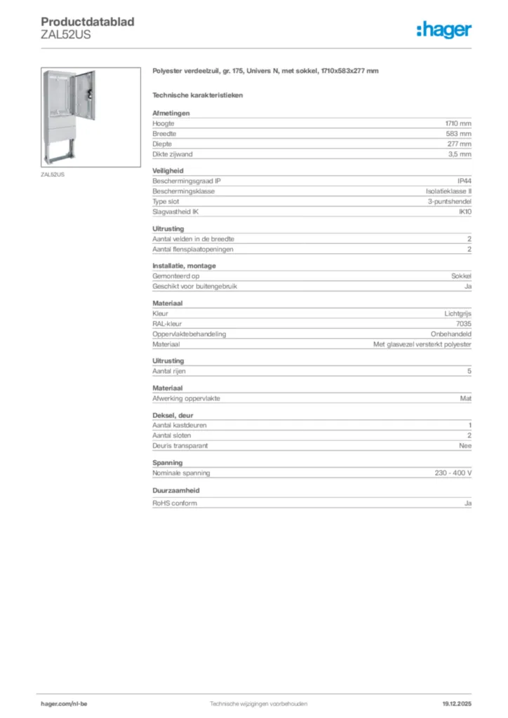 Afbeelding Hager Productdatablad ZAL52US | Hager Belgium
