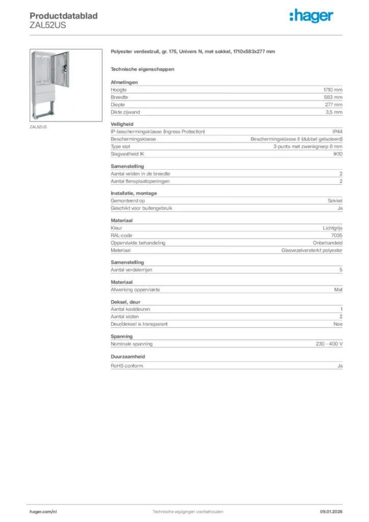 Afbeelding Hager Productdatablad ZAL52US | Hager Nederland