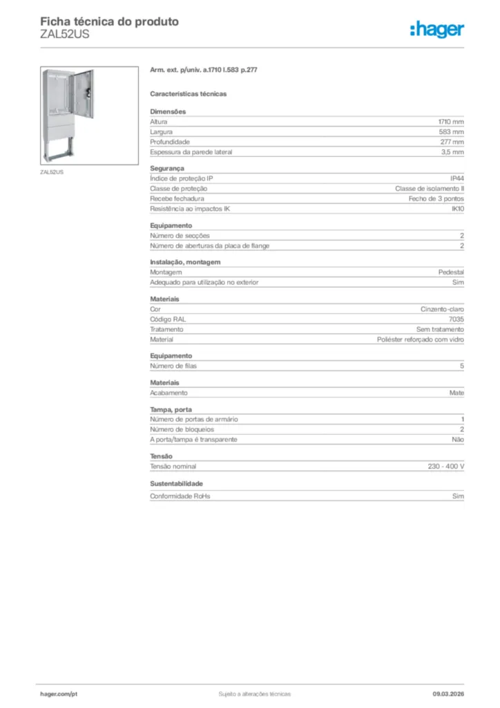 Imagem Hager Ficha técnica do produto ZAL52US | Hager Portugal