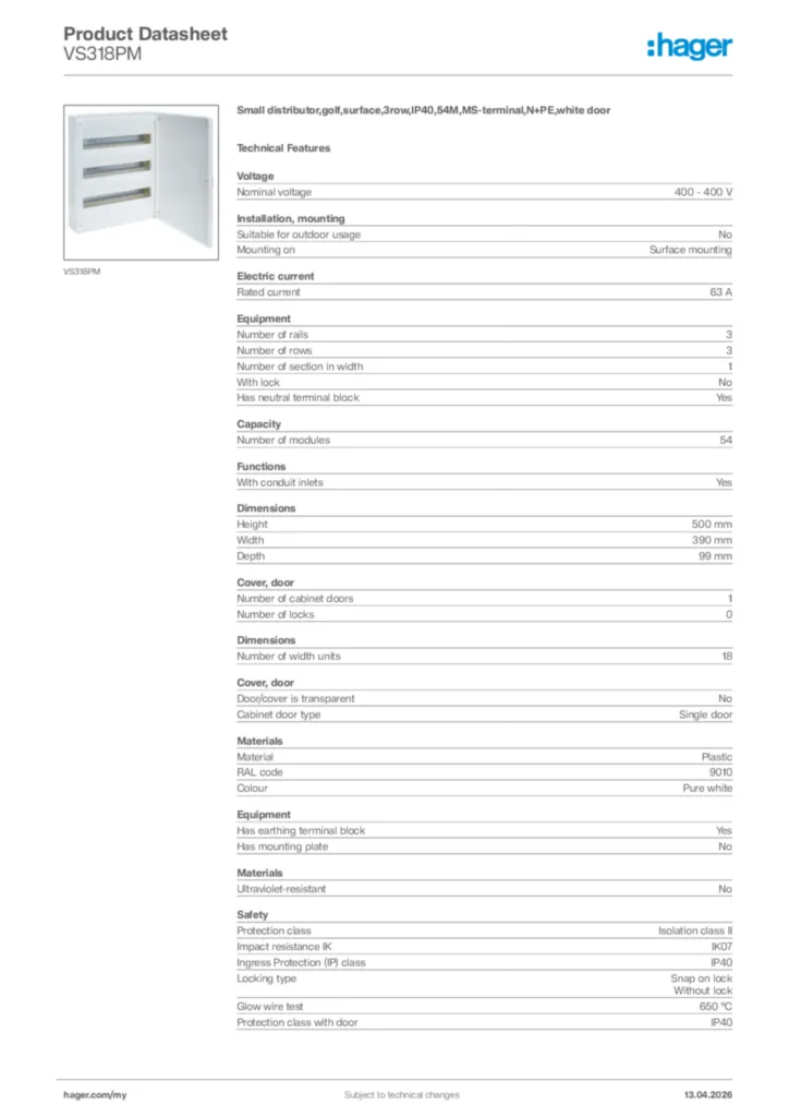 Image Hager Product data sheet VS318PM  | Hager