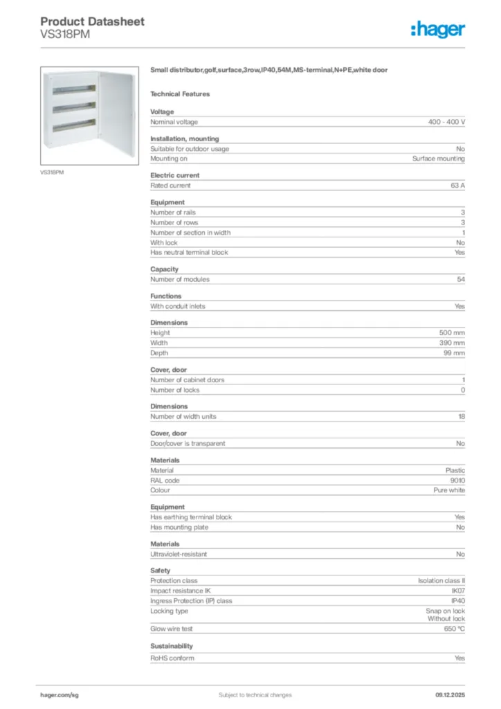 Image Hager Product data sheet VS318PM  | Hager