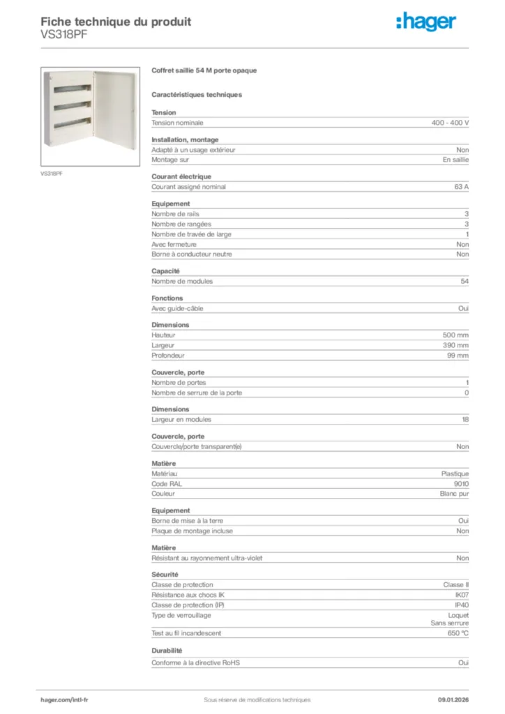Image Hager Fiche technique du produit VS318PF | Hager Afrique