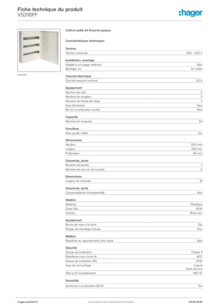 Image Hager Fiche technique du produit VS318PF | Hager Afrique