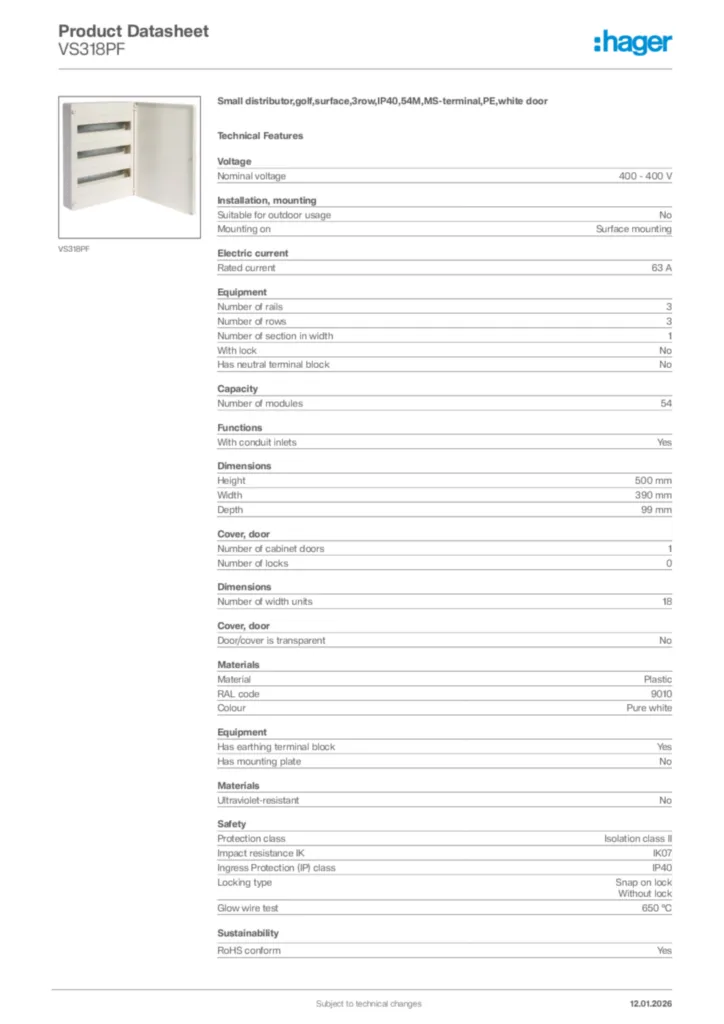 Image Hager Product data sheet VS318PF  | Hager