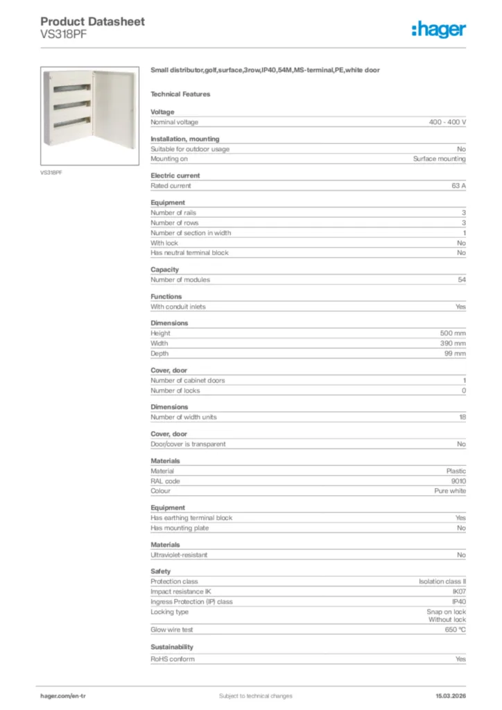 Image Hager Product data sheet VS318PF  | Hager