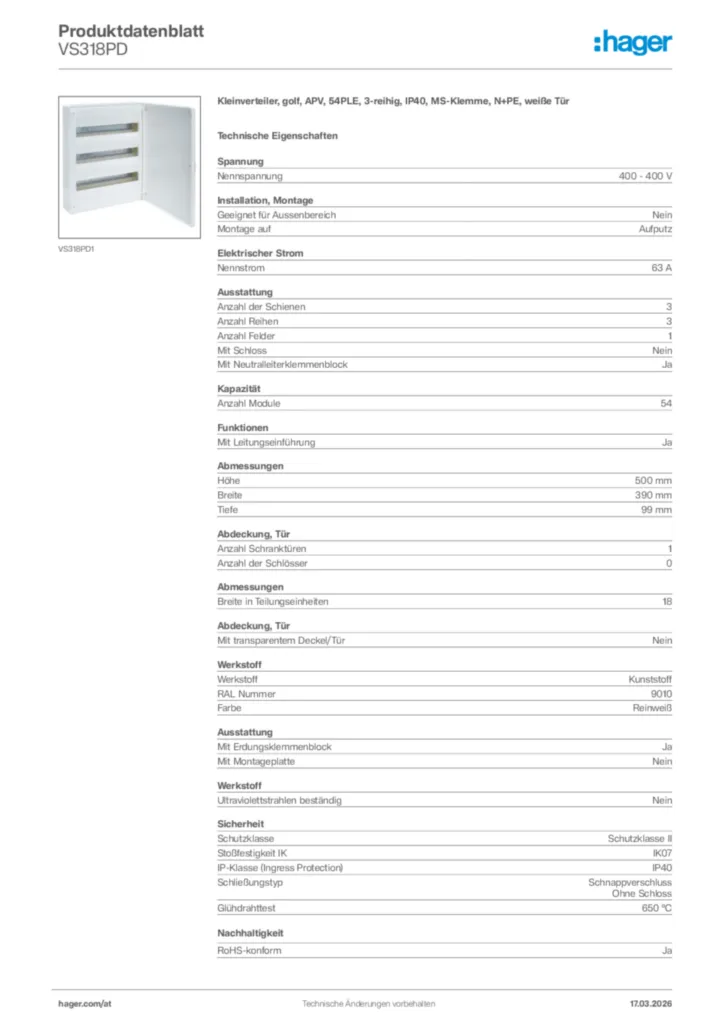 Bild Hager Produktdatenblatt VS318PD | Hager Deutschland