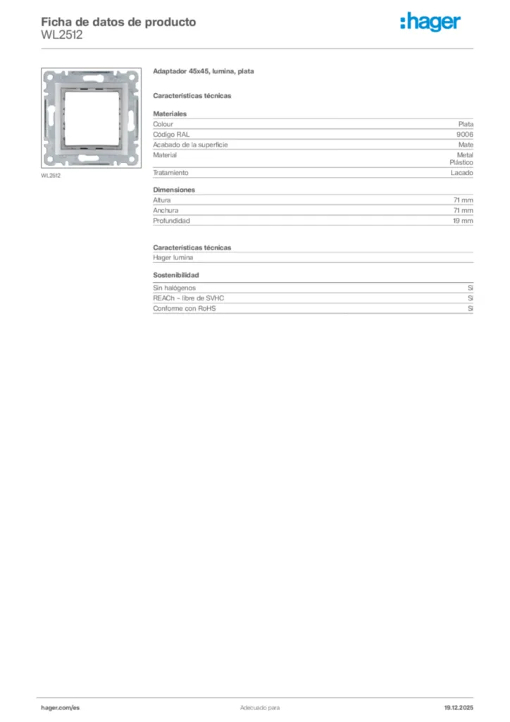 Imagen Hager Ficha de datos de producto WL2512 | Hager España