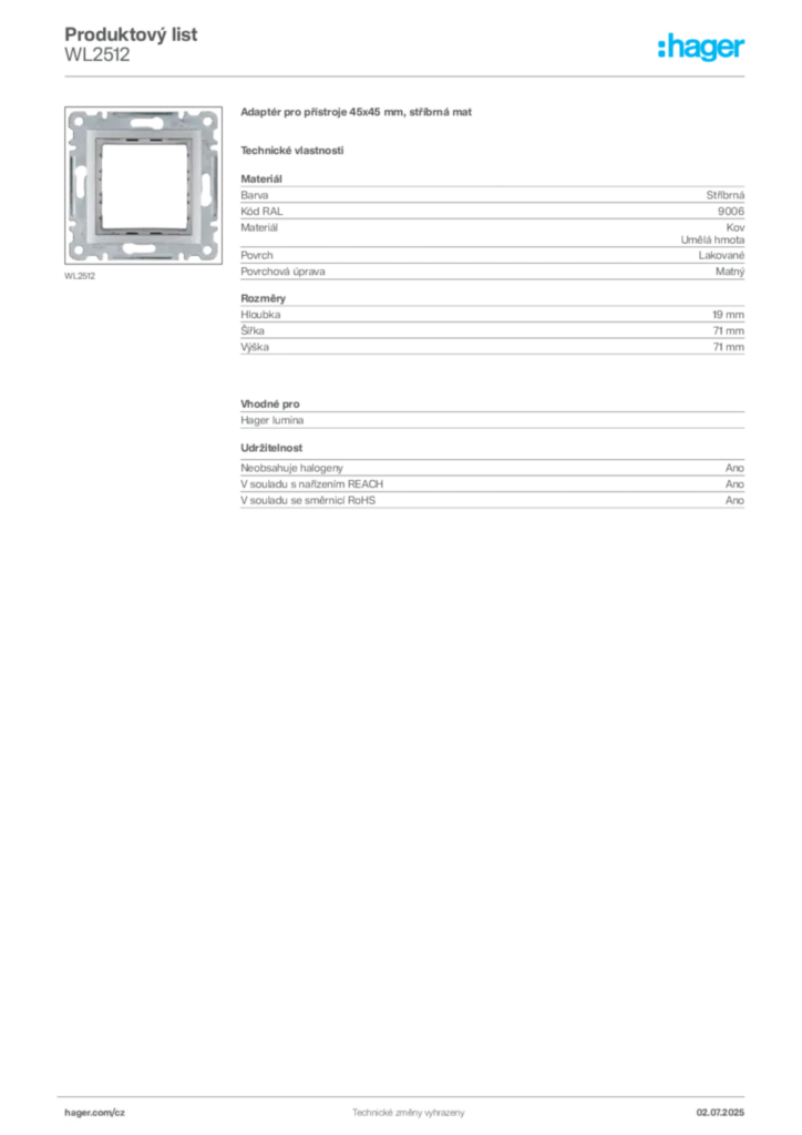 Obrázek Hager Produktový list WL2512 | Hager