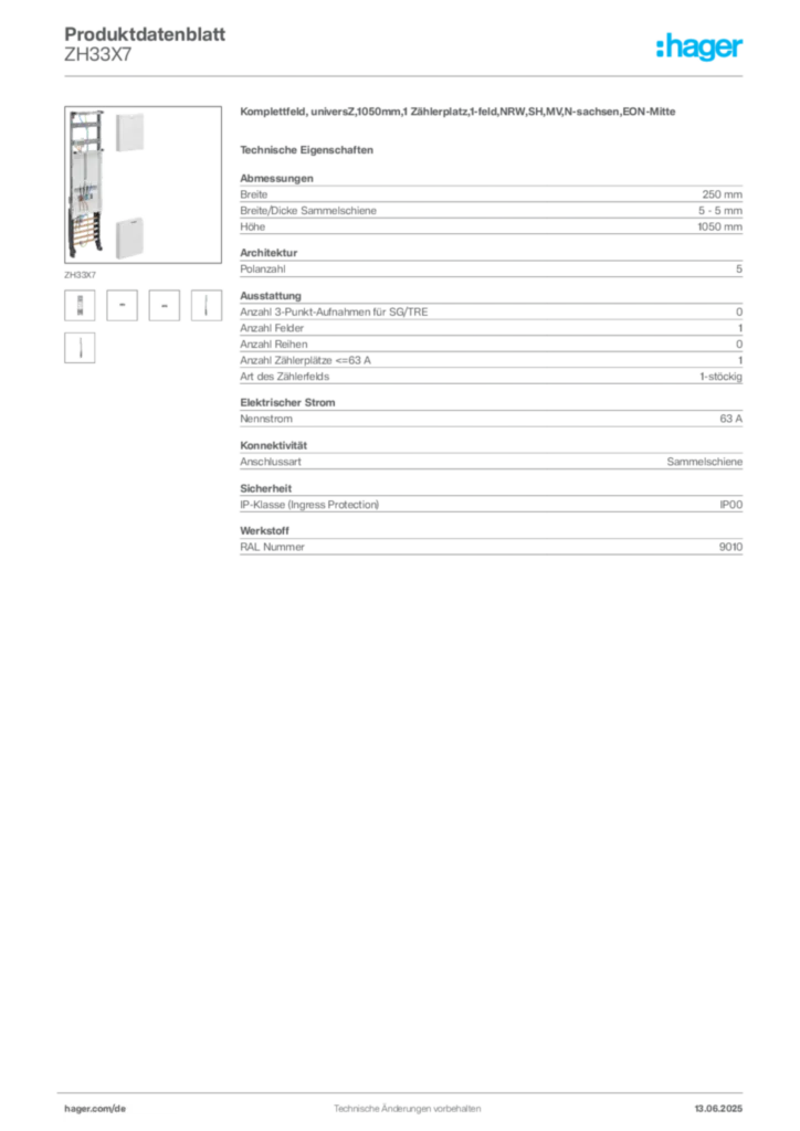 Bild Hager Produktdatenblatt ZH33X7 | Hager Deutschland