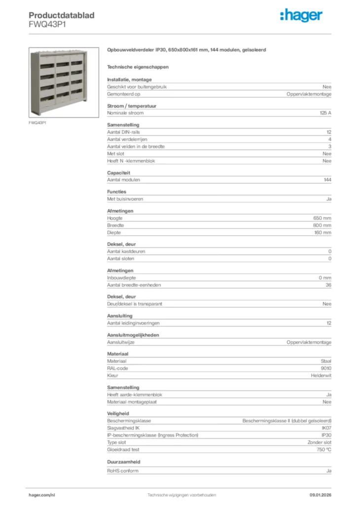 Afbeelding Hager Productdatablad FWQ43P1 | Hager Nederland