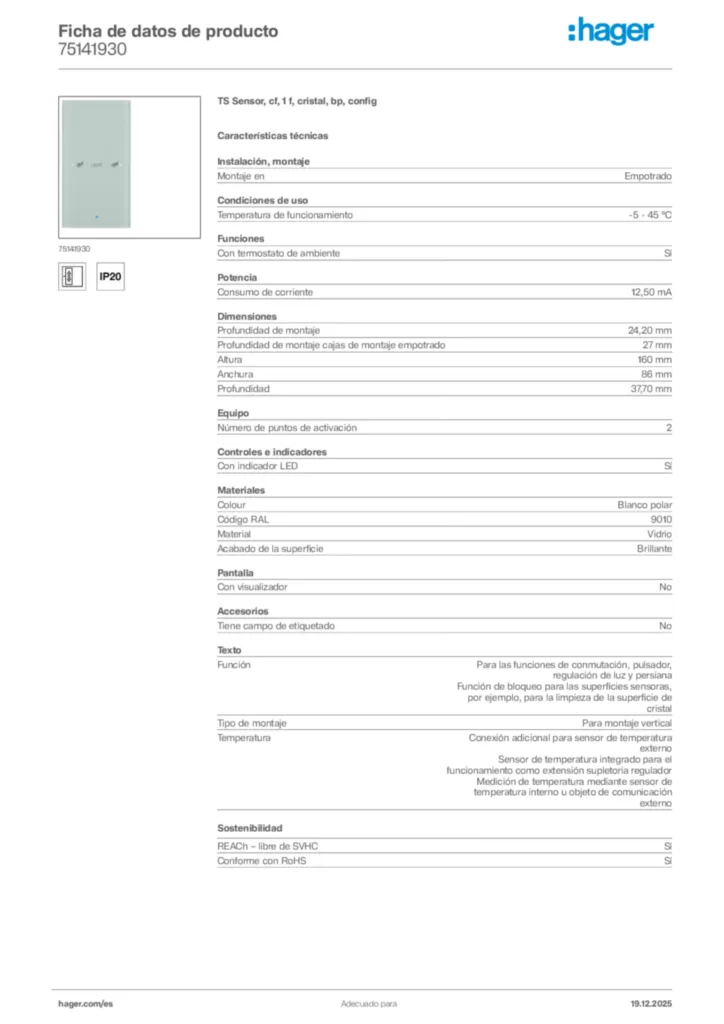 Imagen Hager Ficha de datos de producto 75141930 | Hager España