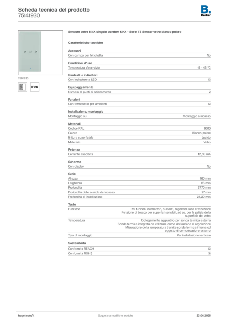 Immagine Berker Scheda tecnica del prodotto 75141930 | Hager Italia